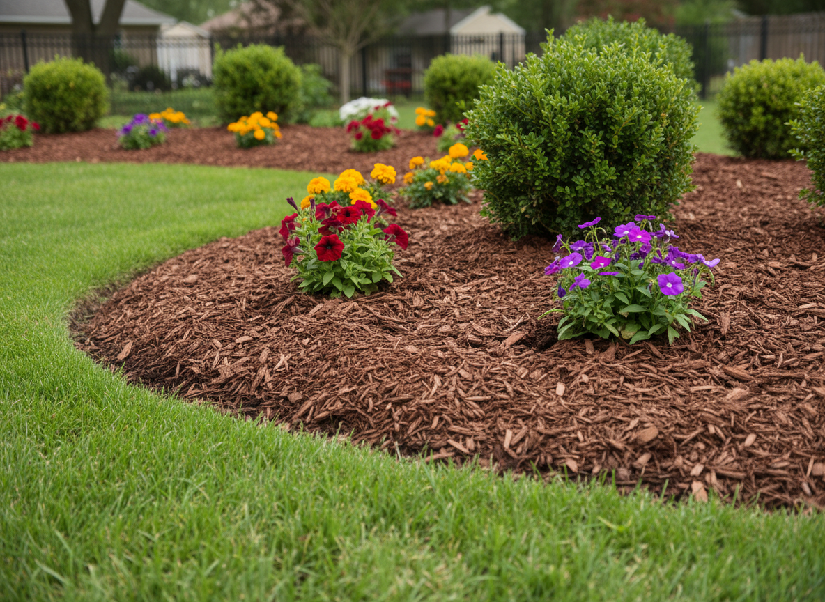 A close-up, photographic view of a mulched garden bed bordering a neatly manicured lawn, showcasing deep, chocolate-brown mulch evenly spread around healthy green shrubs and bright seasonal flowers. Each wood chip is clearly defined, with no bare soil showing, and the lawn edge is cleanly cut in a smooth, graceful curve. Soft overcast daylight provides even, diffused lighting, reducing harsh shadows and highlighting the contrast between vibrant foliage, dark mulch, and lush grass. Captured from a slightly elevated angle using shallow depth of field, the foreground details are in sharp focus while the background gently blurs into a suburban yard. The mood is tidy, professional, and orderly, perfectly illustrating quality mulching services in a realistic, modern photographic style.