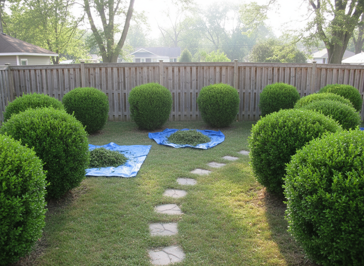 A wide, photographic shot of a compact McHenry backyard mid-service, where multiple well-maintained shrubs form a tidy border along a wooden privacy fence. Each bush is freshly trimmed into clean, symmetrical shapes, with small clippings gathered into an orderly pile on a neatly tarped area of the lawn. The grass is short and evenly cut, and a narrow stone path leads through the scene. Bright but soft morning light creates subtle highlights along leaf edges and soft shadows beneath the shrubs. The camera is set at an eye-level perspective with balanced composition, giving equal attention to the lawn, trimmed bushes, and overall yard structure. The atmosphere is efficient, organized, and professional, showcasing the precision of bush trimming and lawn care in a realistic, high-quality style.